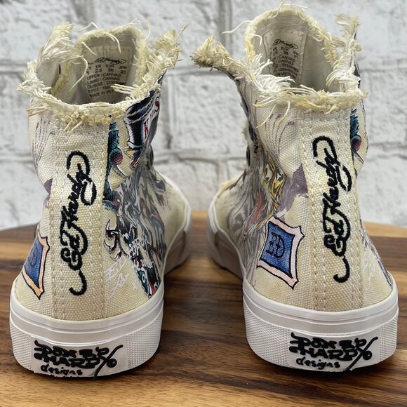 VTG Ed Hardy Canvas Laceless Skull Tiger Print Womens 5 High Top Slip On Shoes - Picture 4 of 13